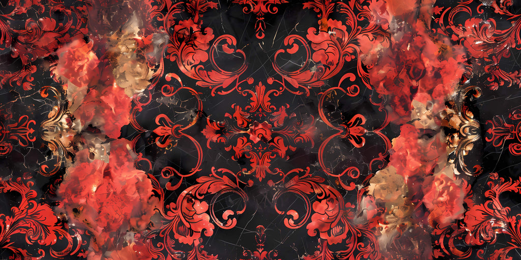Red and black baroque damask pattern design file showing intricate details and texture