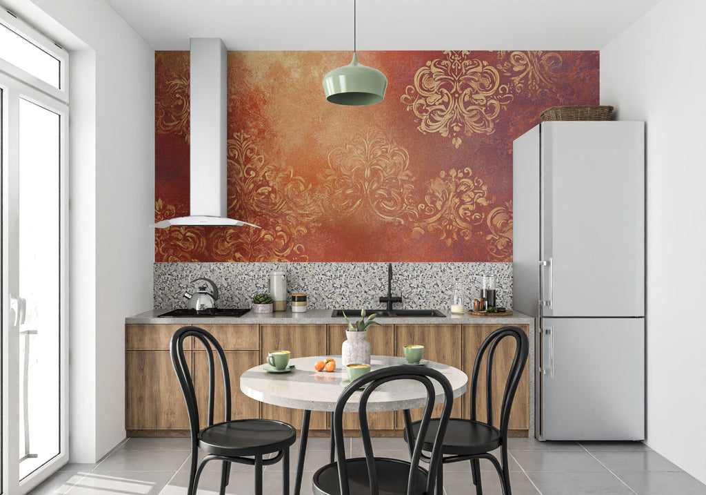 Baroque damask wallpaper in warm terracotta and gold tones creating an elegant dining room atmosphere