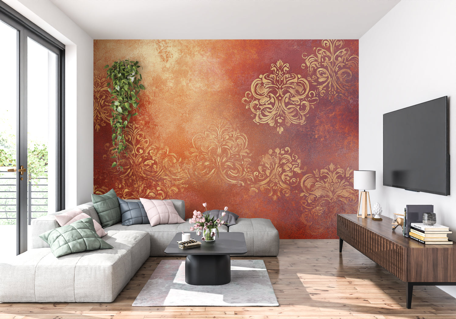 Master bedroom featuring terracotta and gold baroque wallpaper with soft lighting
