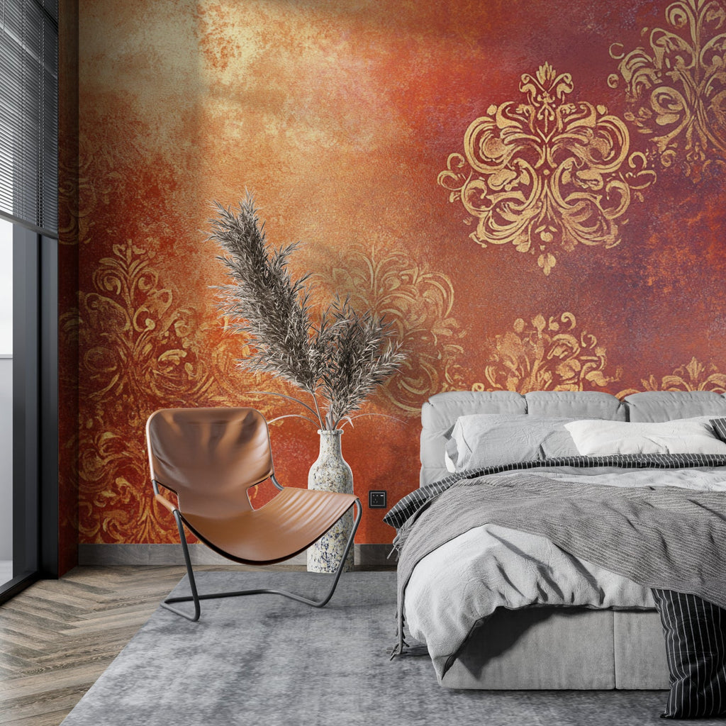 Living room wall with gold damask pattern wallpaper showing pattern detail