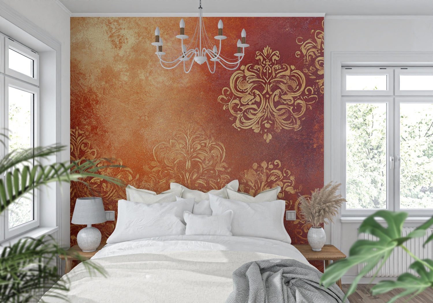 Home office space showcasing ornate damask wall mural in warm tones