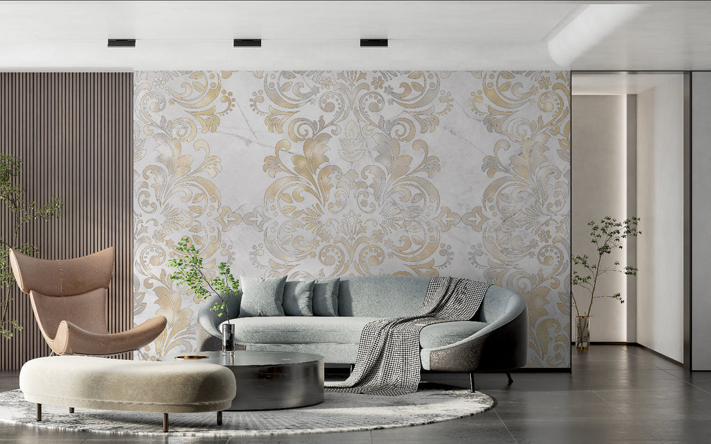 Baroque white and gold damask wallpaper in luxury living room setting showing intricate pattern detail