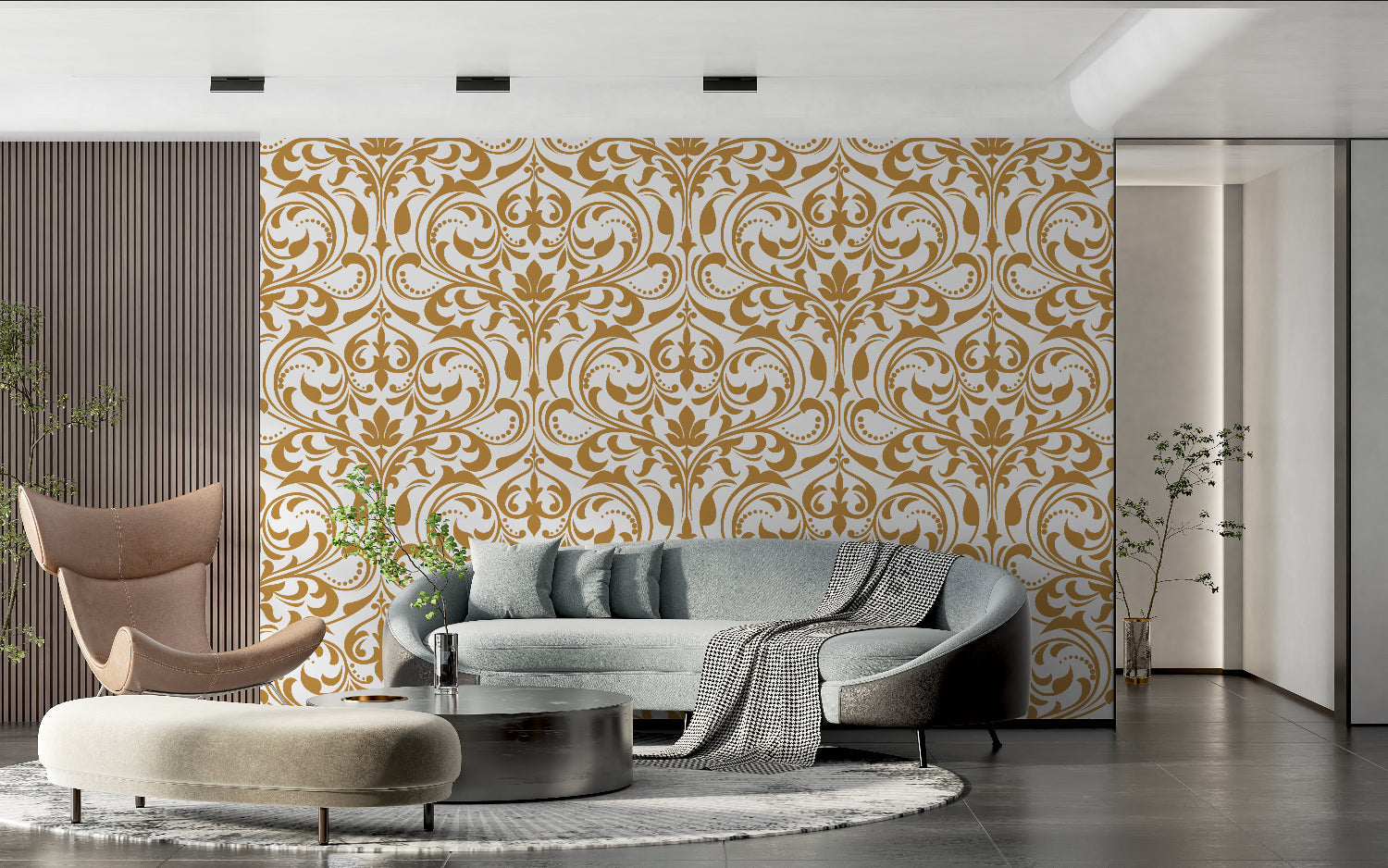 White and gold baroque wallpaper creating luxury atmosphere in master bedroom