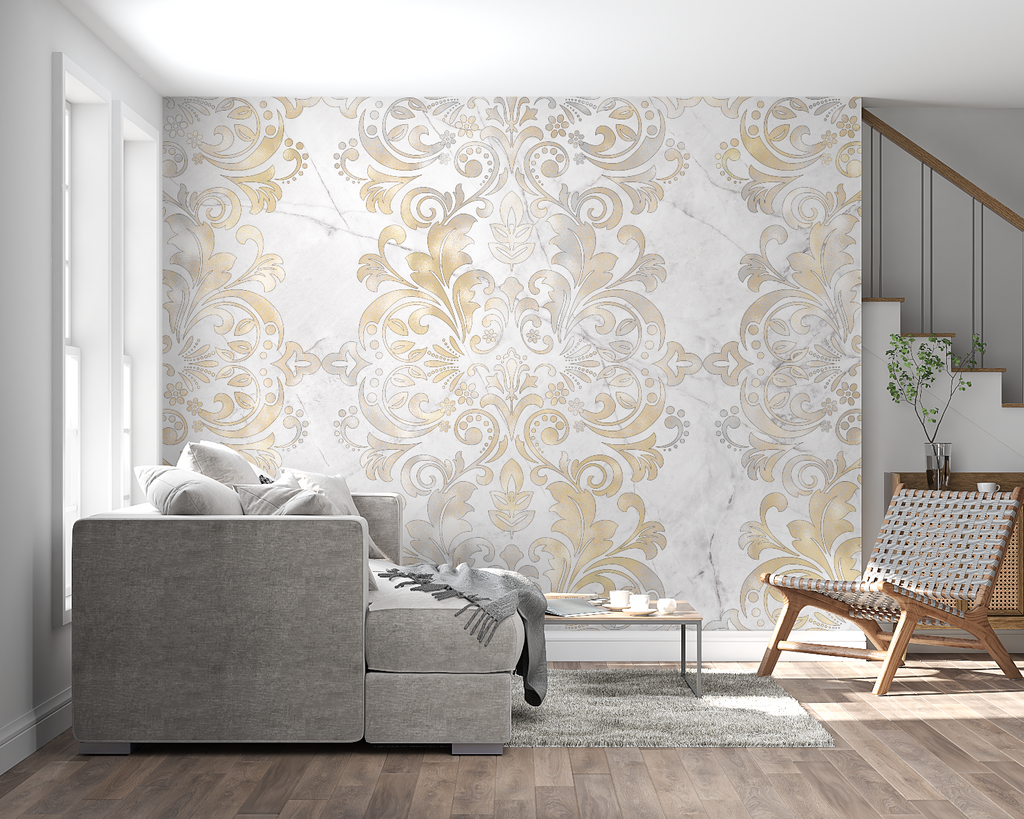 White and gold baroque wallpaper creating sophisticated atmosphere in dining room