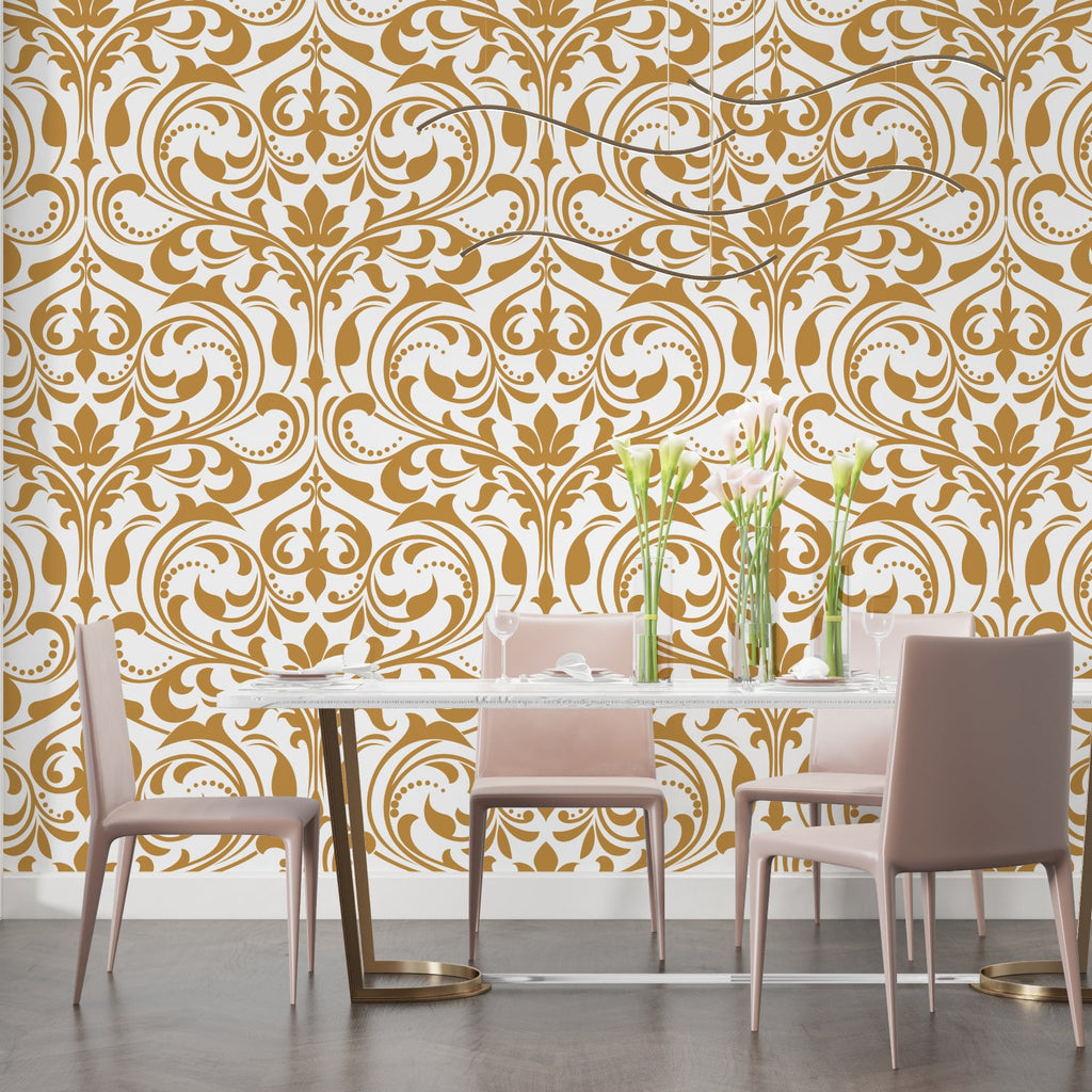 Damask pattern wallpaper brightening formal dining room with soft golden accents