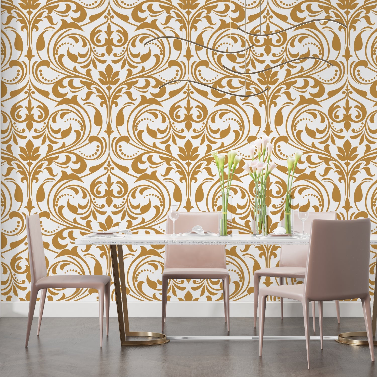 Damask pattern wallpaper brightening formal dining room with soft golden accents