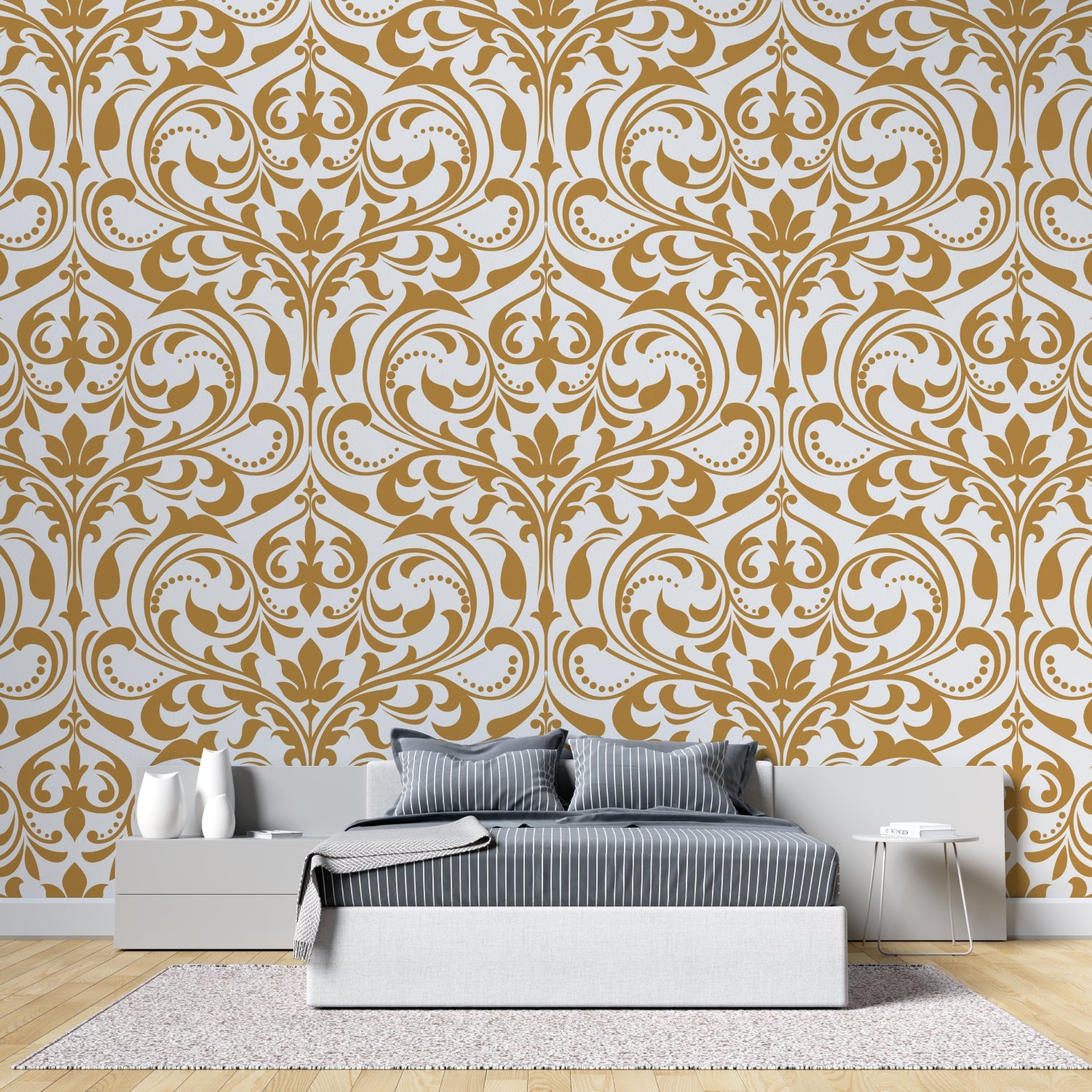 Baroque wall mural adding classic touch to modern home office space