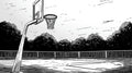 Basketball court wallpaper in modern teen bedroom showing black and white urban design with dramatic court perspective
