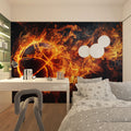 Basketball wallpaper mural styled in modern teen bedroom with gaming setup showing fierce flaming ball design