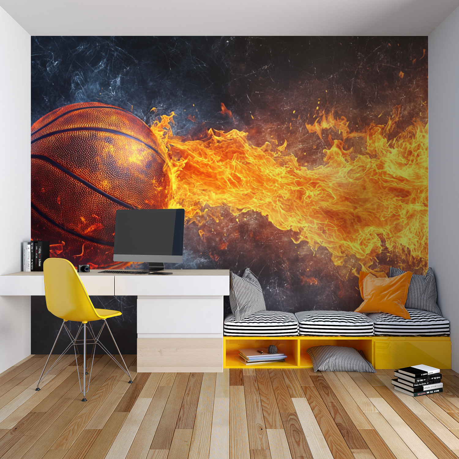 Sports themed wall mural featuring flaming basketball in a home gym setting