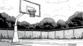 Basketball court line art wallpaper in modern teen bedroom, showing urban sports theme with minimalist black and white design