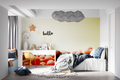 Basketball wallpaper bringing sporty vibes to a modern teen bedroom, orange and neutral tones creating depth