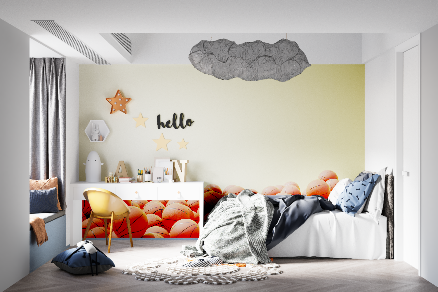 Basketball wallpaper bringing sporty vibes to a modern teen bedroom, orange and neutral tones creating depth