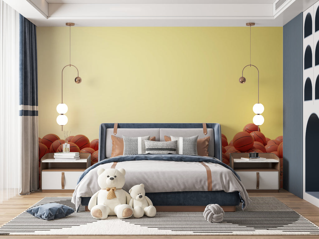Sports themed wall mural displayed in a stylish game room with contemporary furniture