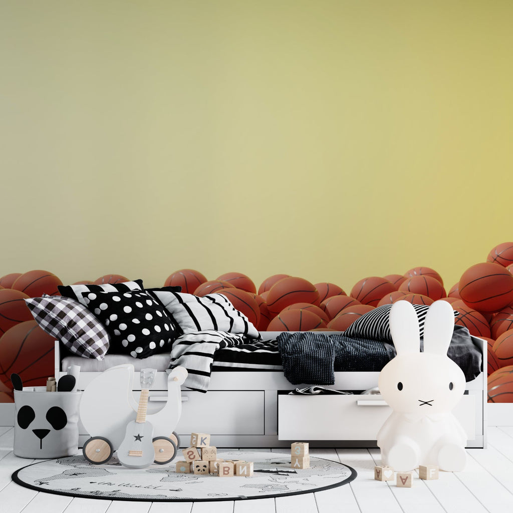 Basketball pattern wallpaper transforming a home gym with dynamic orange motifs