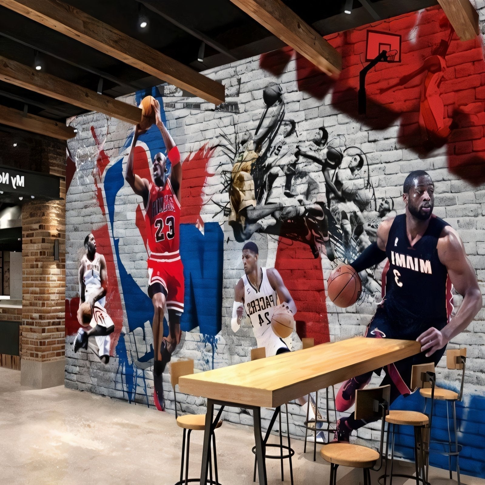 Basketball legends street art wallpaper in modern teen bedroom with ambient lighting