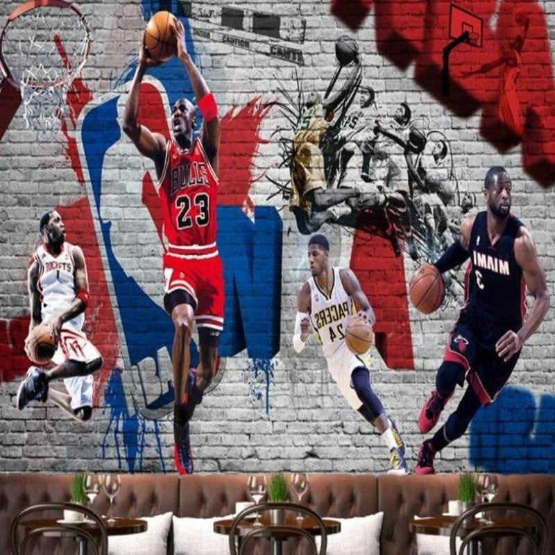 NBA legends mural wallpaper featured in urban style game room setting