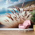 Beach paradise wallpaper creating a stunning focal point in a bright living room with natural lighting and coastal decor