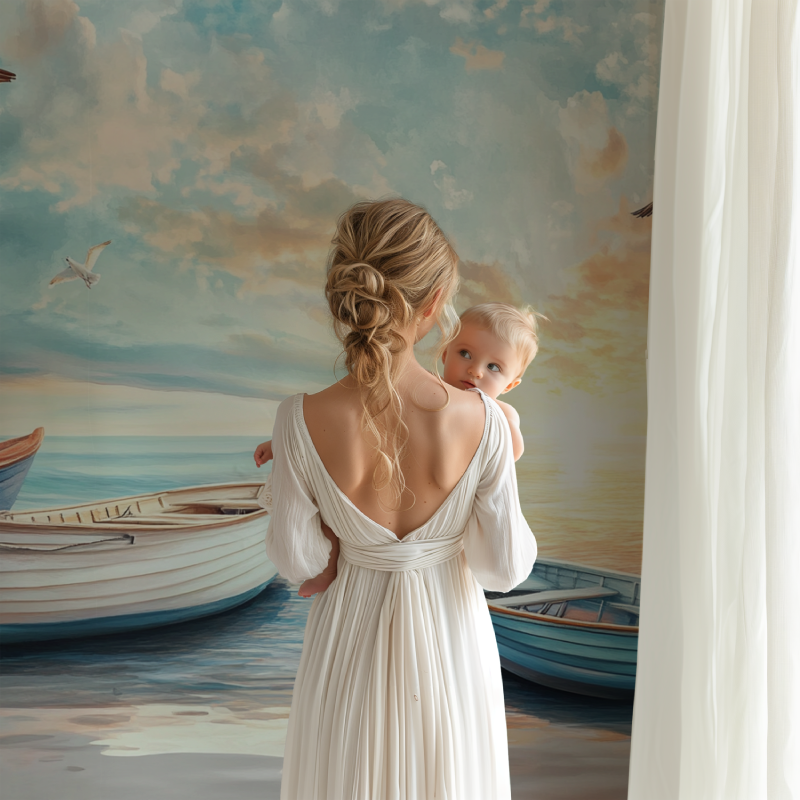 Seaside boats wallpaper transforming master bedroom with ocean sunset views