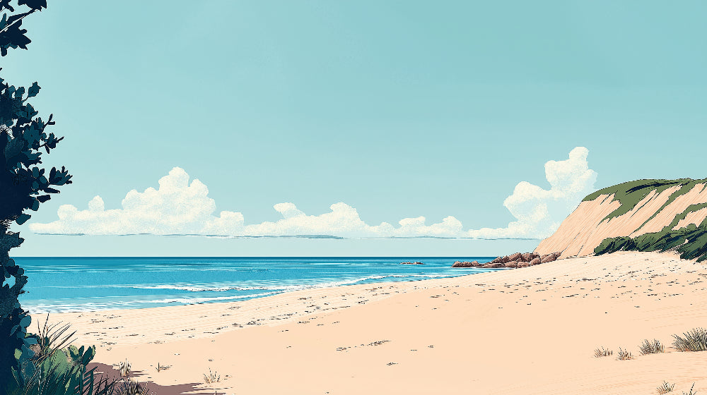 Beach mural wallpaper design file showing detailed coastal scene with turquoise waters and dramatic cliffs