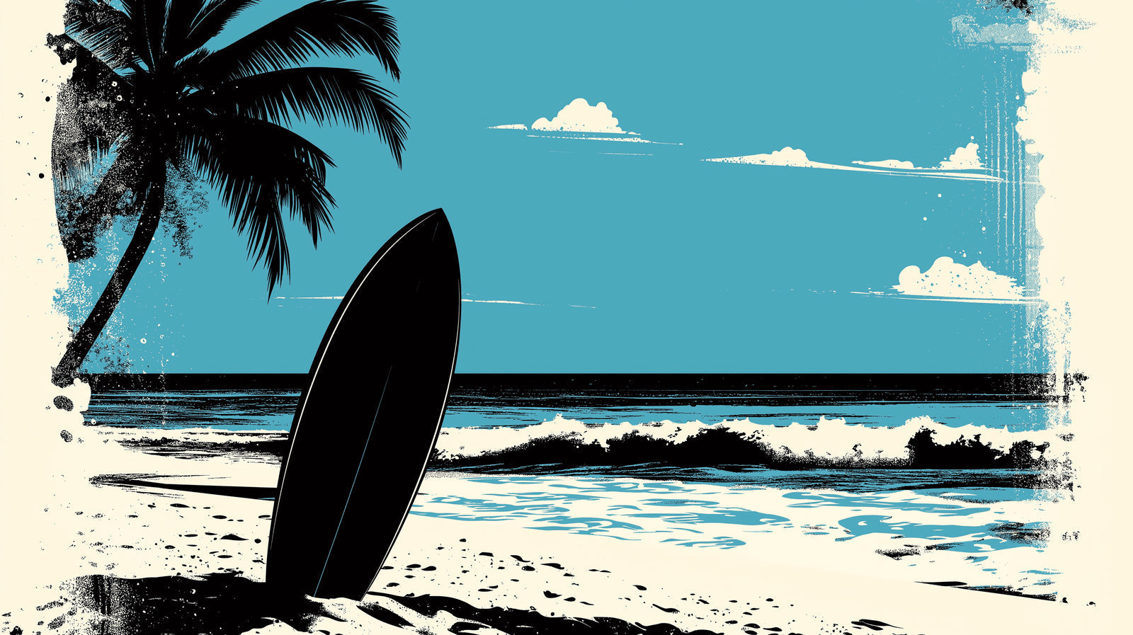 Black and turquoise surf paradise design file showing complete pattern with palm silhouettes