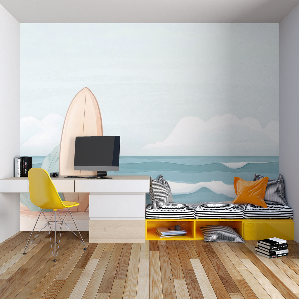 Surf wall mural bringing summer vibes to dining room setting