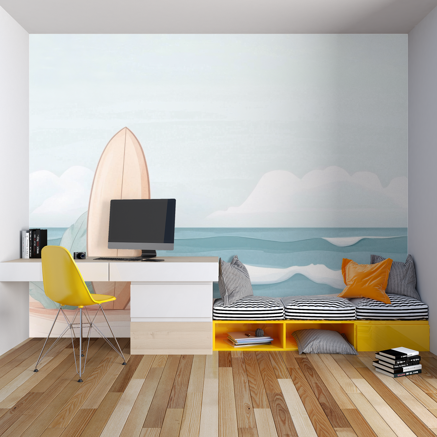 Surf wall mural bringing summer vibes to dining room setting