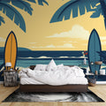 Beach paradise wallpaper mural styled in modern coastal living room with white furniture and natural light