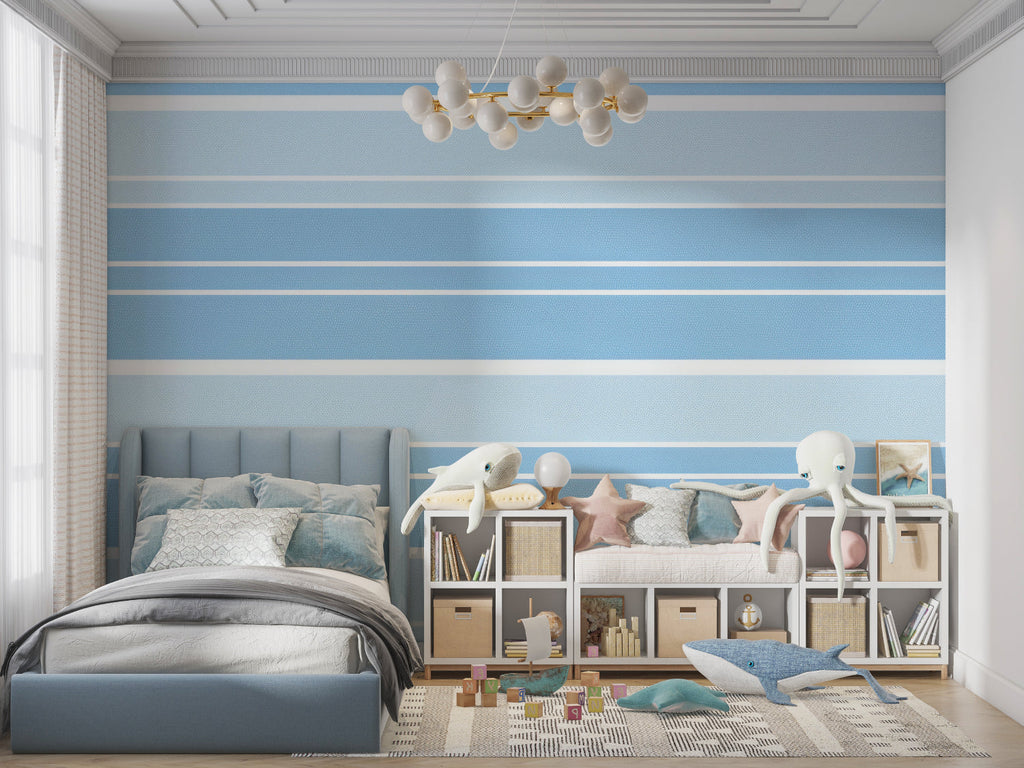 Sunset beach mural creating depth in a modern bathroom setting