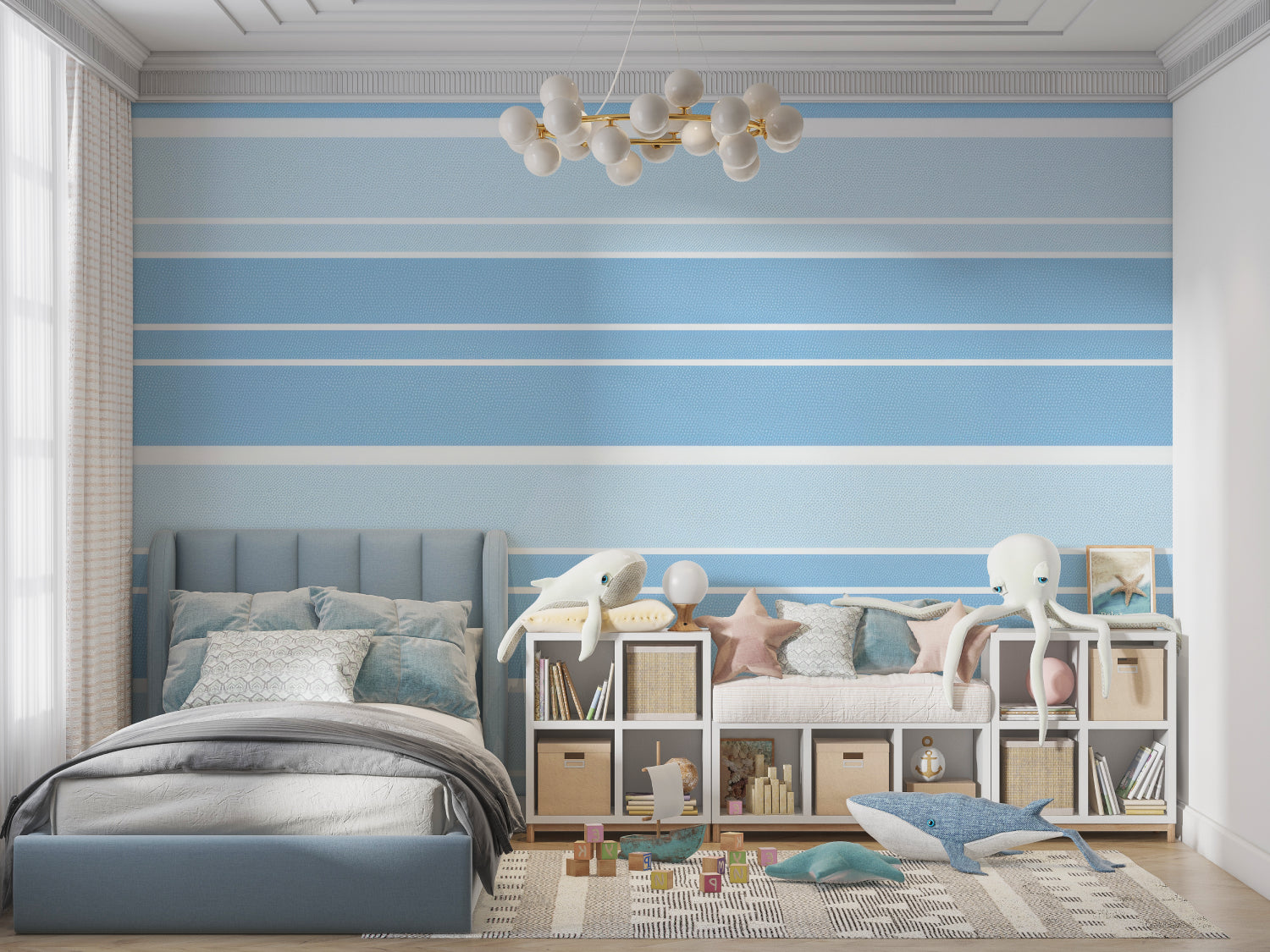 Sunset beach mural creating depth in a modern bathroom setting