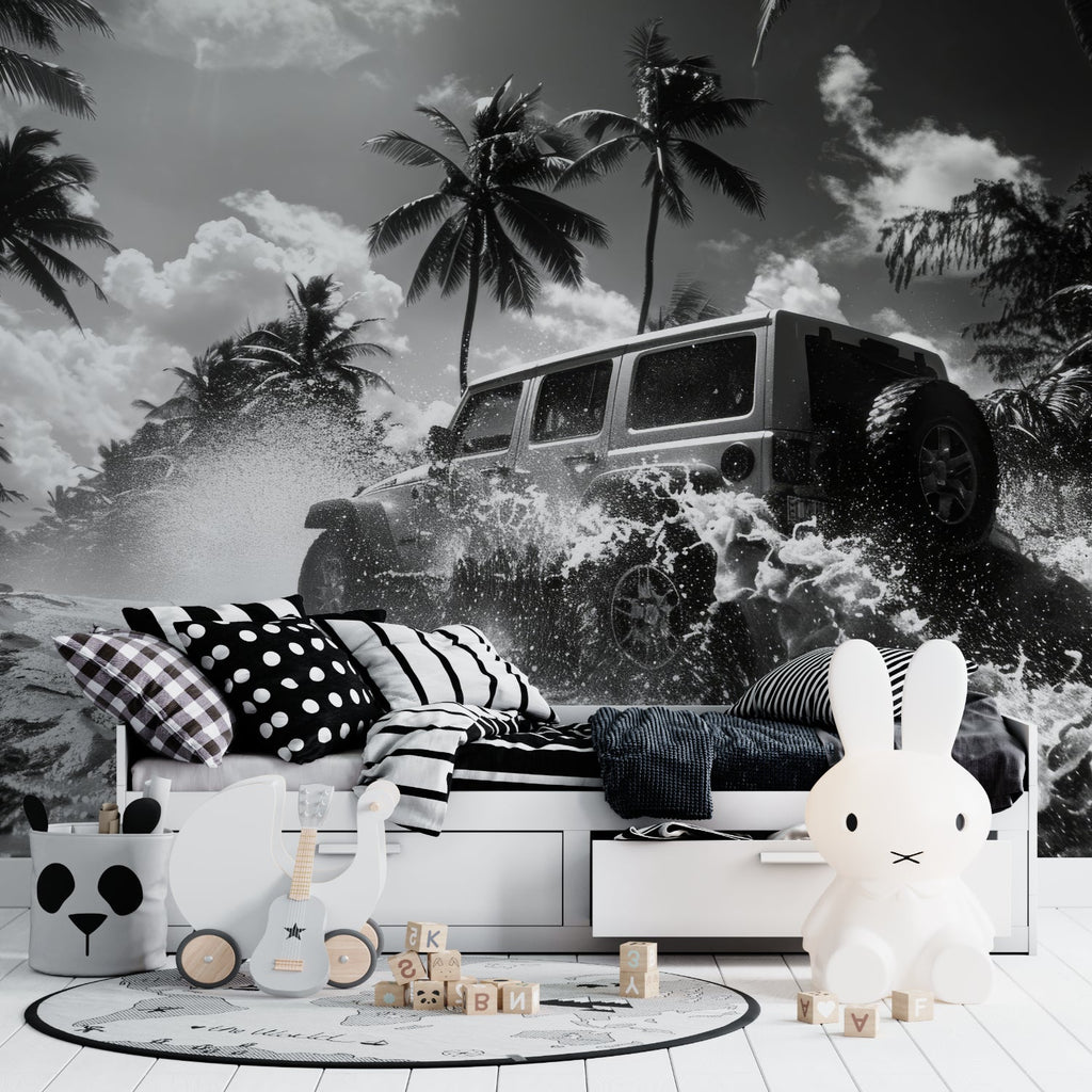 Palm trees and sports car wallpaper adding drama to a home office setting