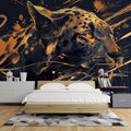 Black and gold leopard wallpaper mural in modern living room with grey sofa and pendant lights