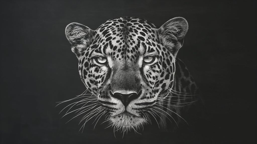 Black and white leopard portrait design file showing intricate spot patterns and striking gaze