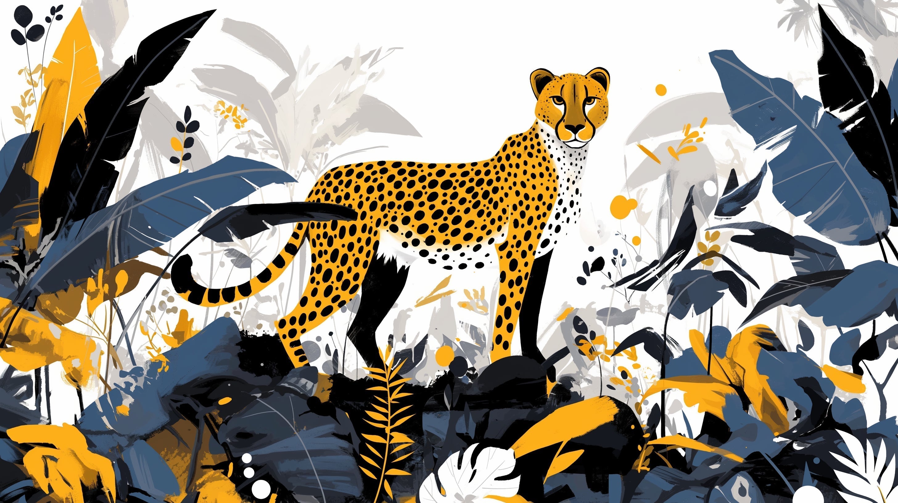 Modern Cheetah Wallpaper Mural displayed in a stylish living room, showing golden jungle design against dark walls