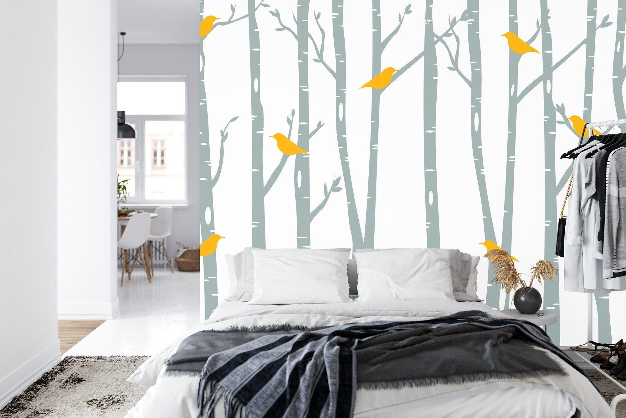 Forest bird wallpaper creating depth in a modern dining room