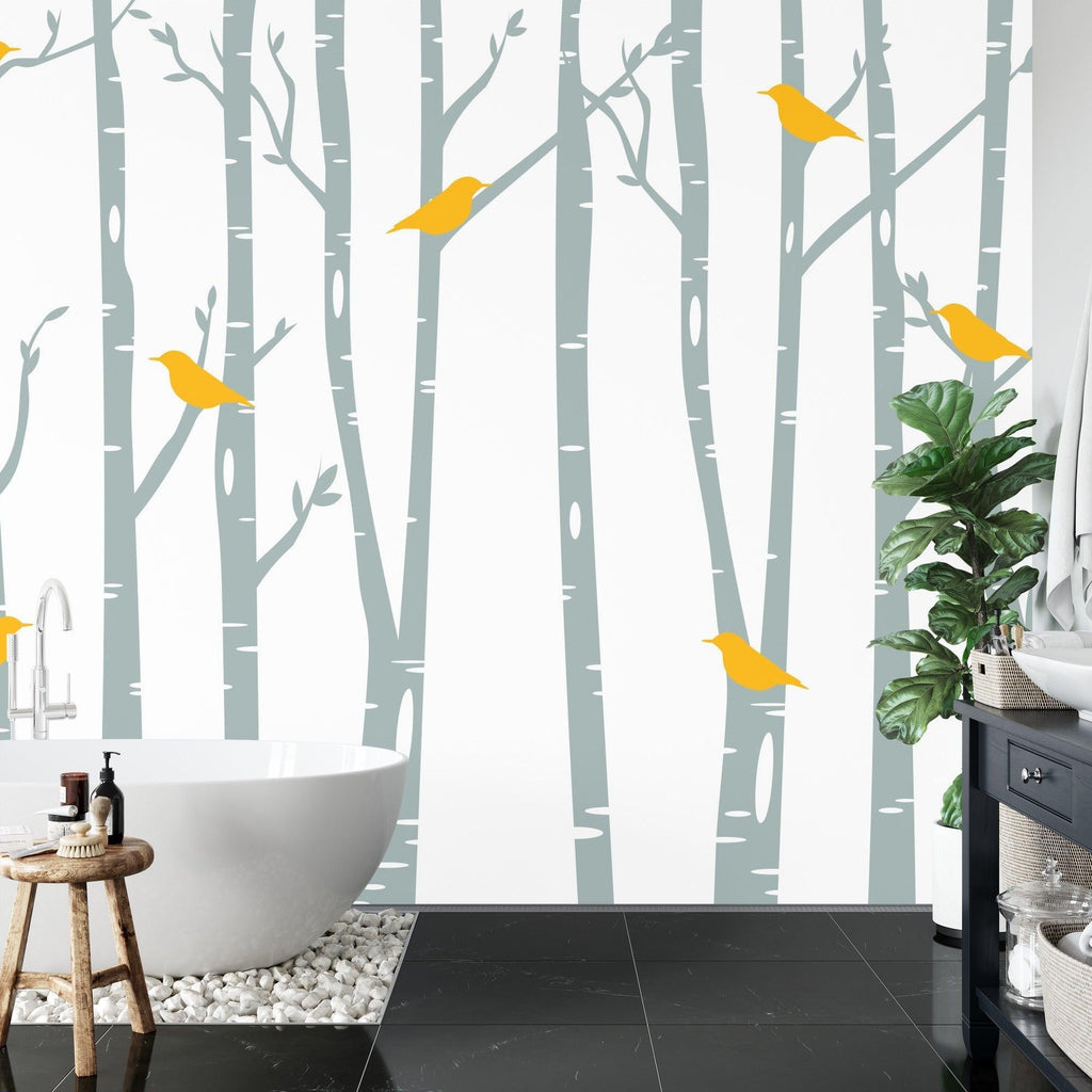 Forest wallpaper with birds adding charm to a reading nook