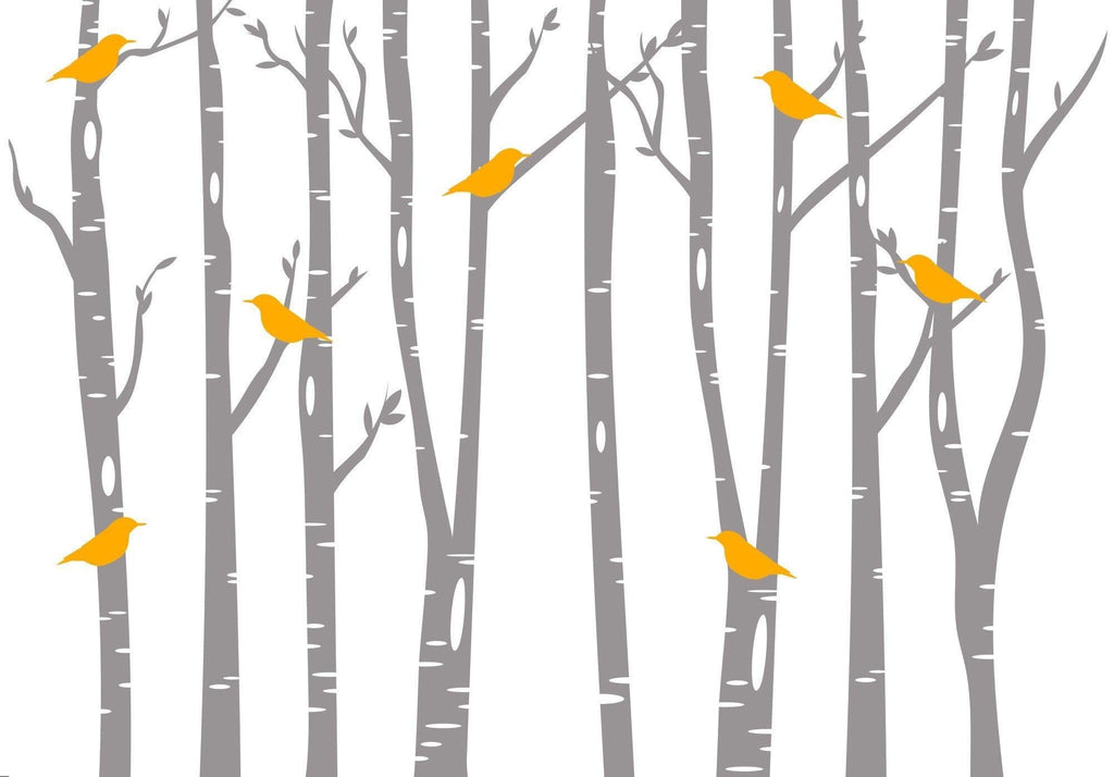 Birch forest and yellow birds wallpaper design file showing intricate pattern details
