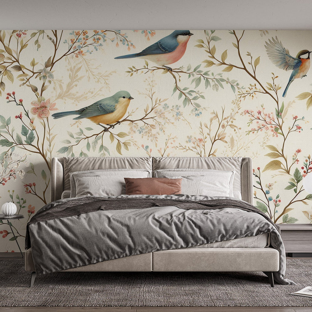 Botanical bird wallpaper creating a peaceful atmosphere in a bright living room with natural light highlighting the vintage songbird design