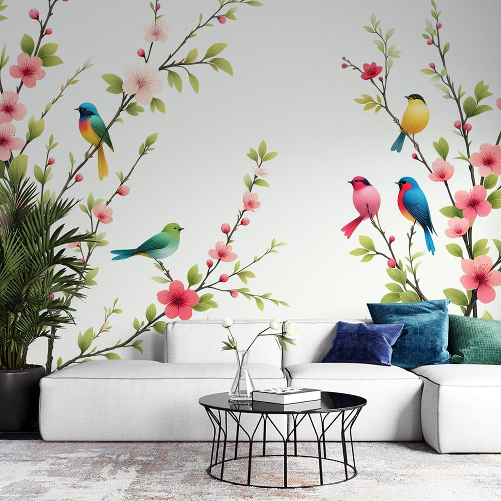 Bird and Cherry Blossom Wallpaper creating a bright, airy atmosphere in a modern dining room with natural light