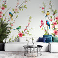 Bird and Cherry Blossom Wallpaper creating a bright, airy atmosphere in a modern dining room with natural light