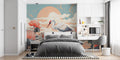 Japanese Crane wallpaper in modern living room with coral accents and clean furniture
