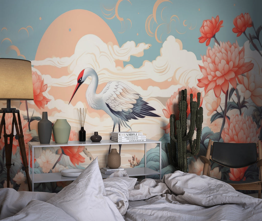 Bird wall mural featuring crane in minimal bedroom with natural light