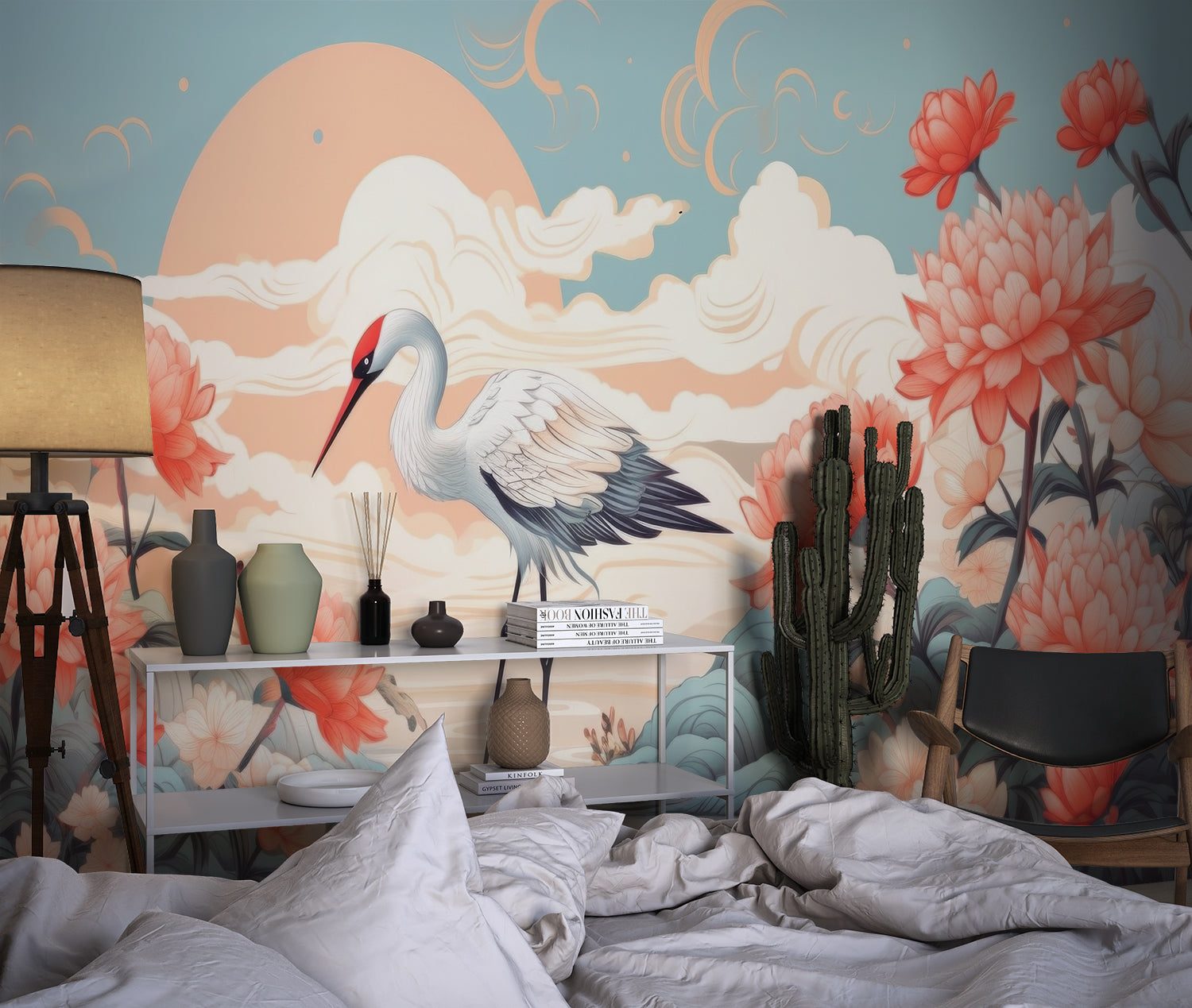 Bird wall mural featuring crane in minimal bedroom with natural light