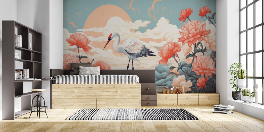 Japanese style crane wallpaper in dining room with wooden elements