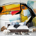 Modern abstract toucan wallpaper design showcased in a bright minimalist living room with clean furniture lines