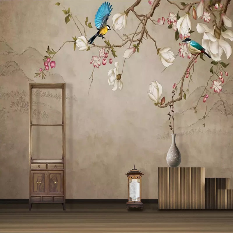 Asian bird wallpaper featuring magnolias in a modern living room setting