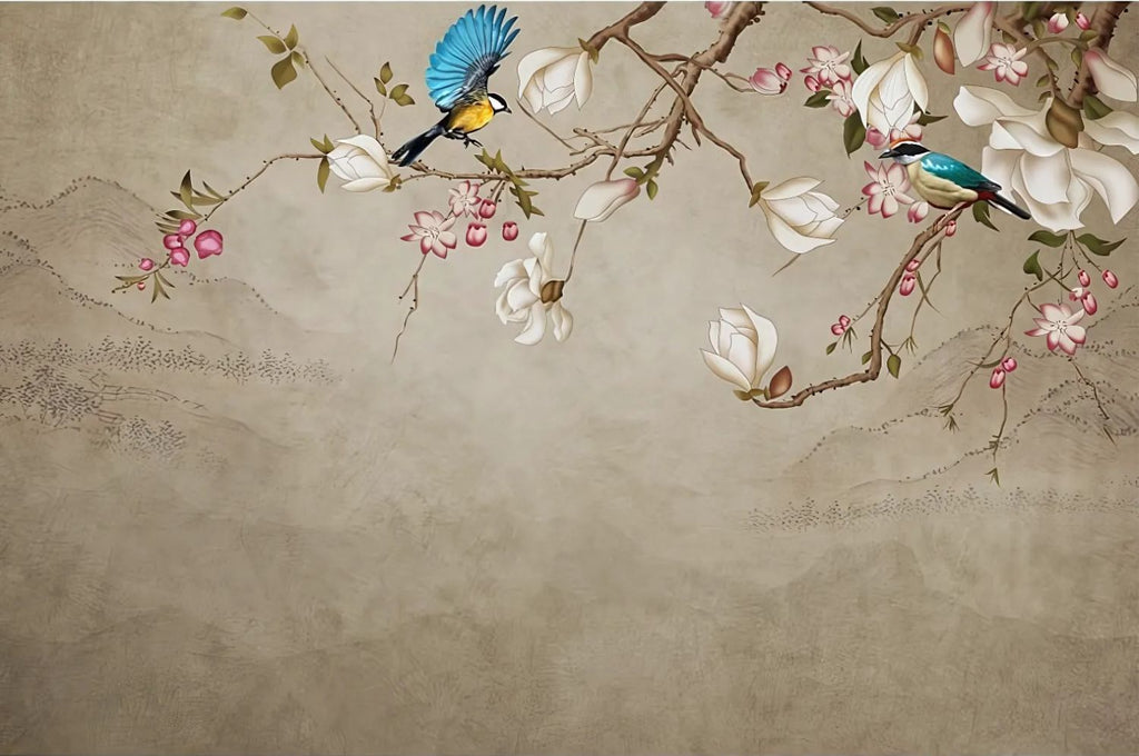 Design file of blue birds and magnolia pattern on beige background
