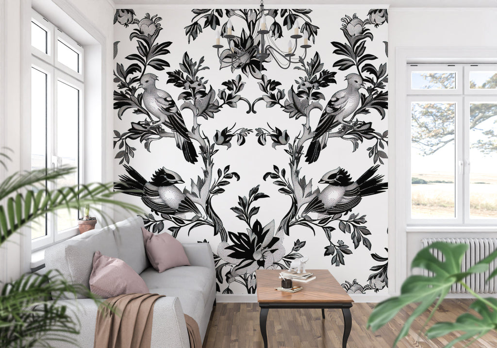 Master bedroom with black and white bird pattern feature wall creating calm atmosphere
