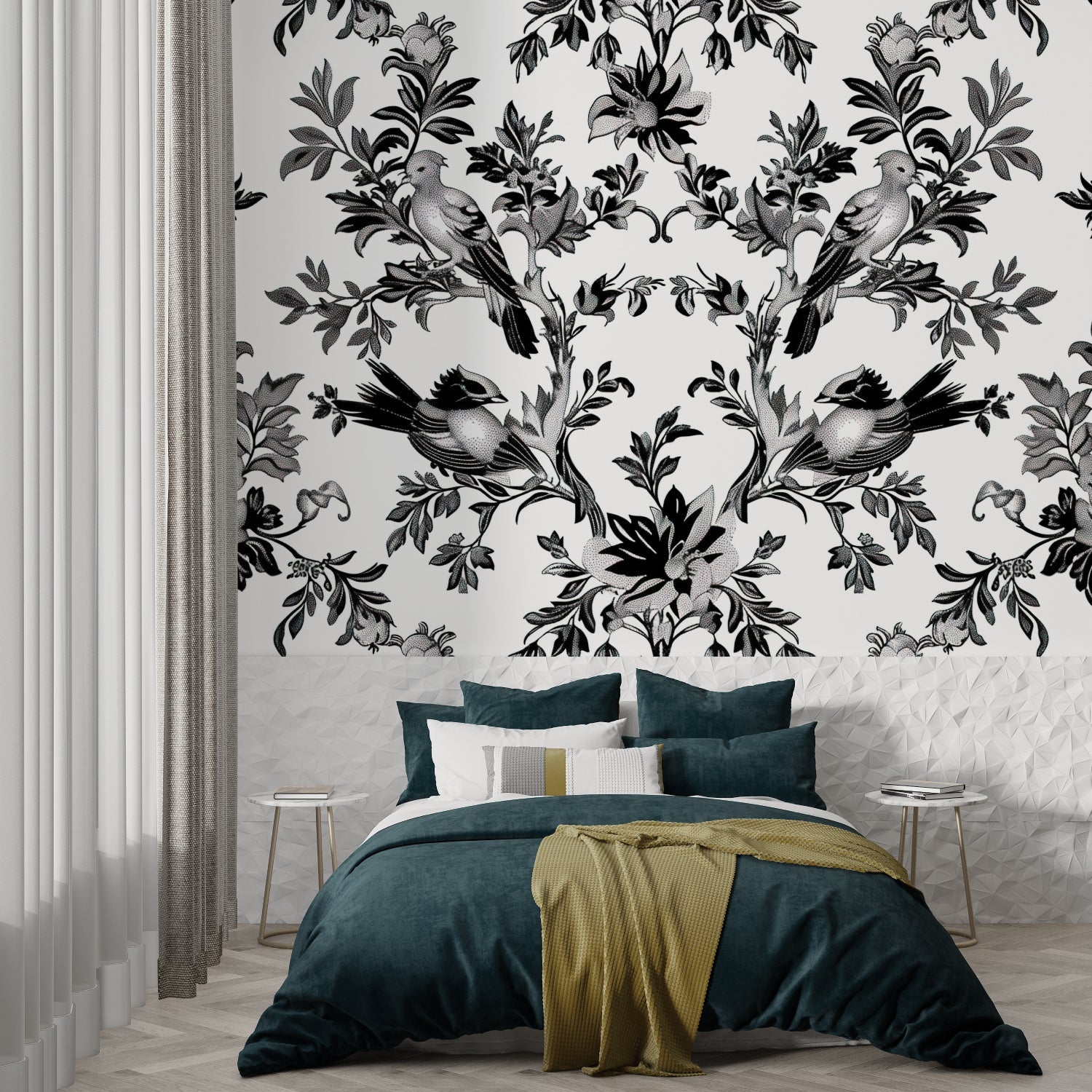 Powder room transformed with black and white toile bird wallpaper