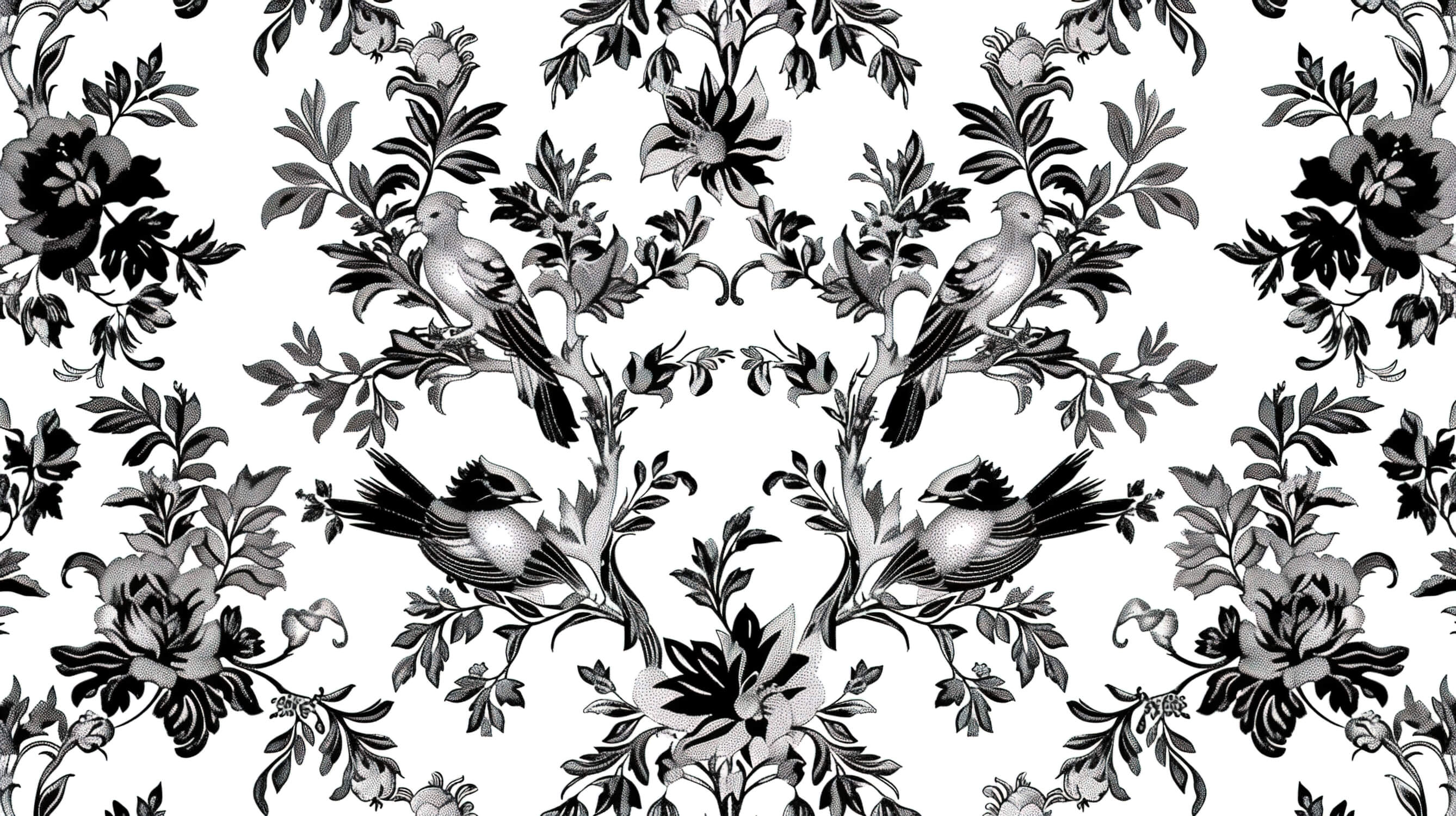 Design file showing detailed black and white toile de jouy bird pattern